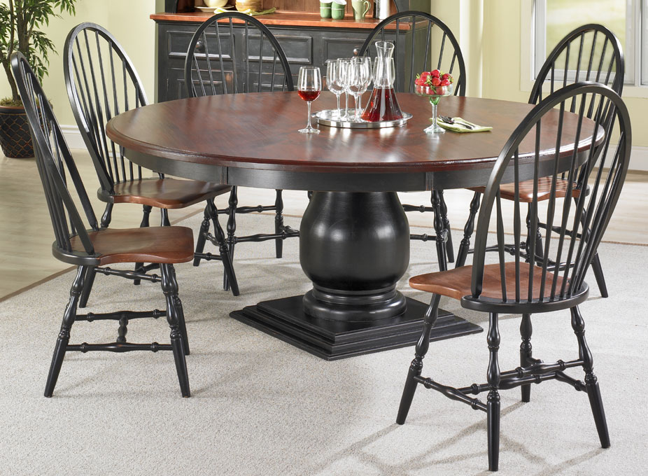 French Country 72 Round Pedestal Table, Stained Pine Top, Painted Black Base