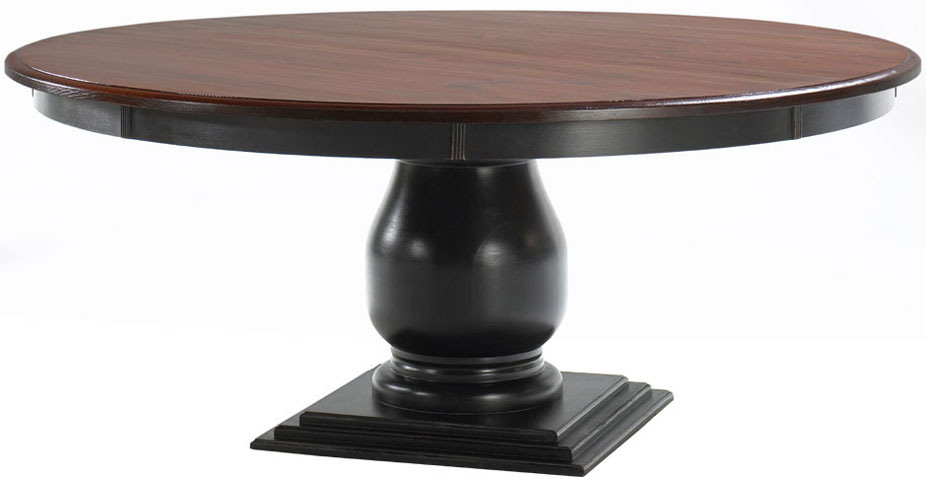French Country 72 Round Pedestal Table, Stained Pine Top, Painted Black