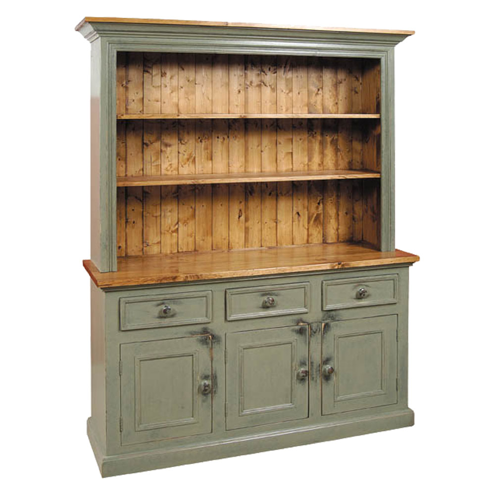 French Country 3 Door Open Shelf Stepback Cupboard painted Sage Green