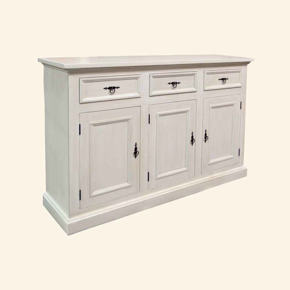 French Country Three Door Tall Sideboard painted Champlain White Glaze