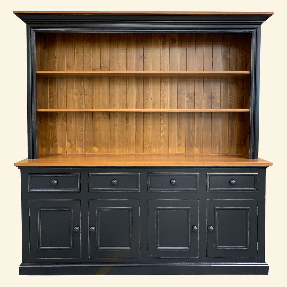French Country 4 Door Open Shelf Stepback Cupboard painted Black