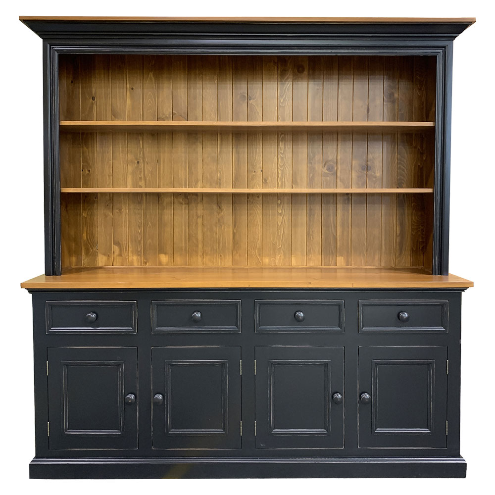 French Country 4 Door Open Shelf Stepback Cupboard painted Black