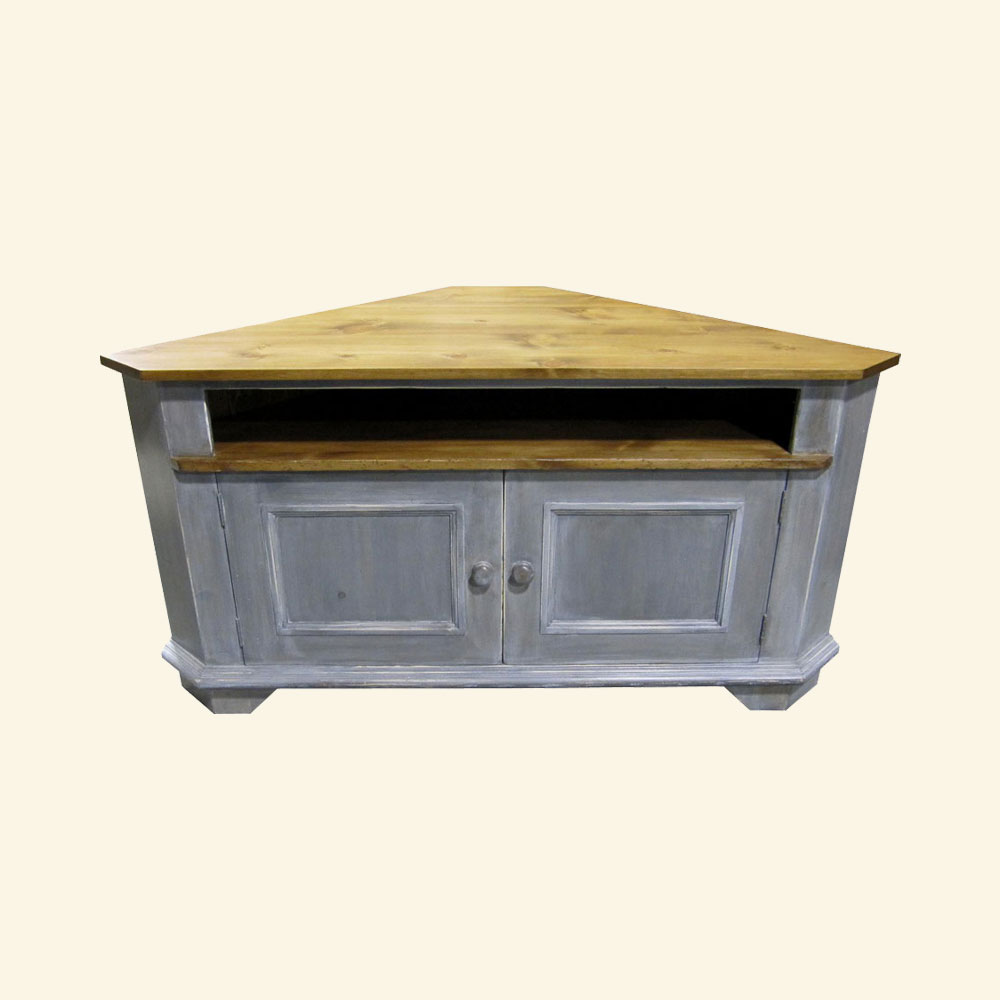French Country Corner TV Stand, Gray paint