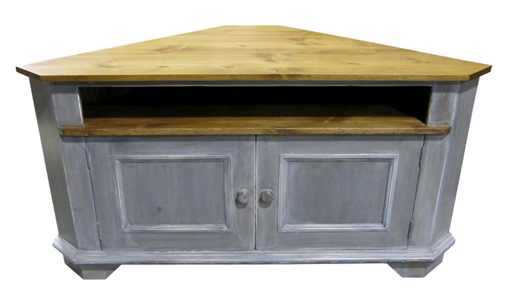 French Country Corner TV Stand, Gray paint