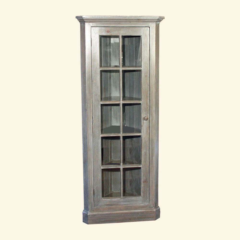French Country Glass Door Corner Cupboard stained Storm Gray