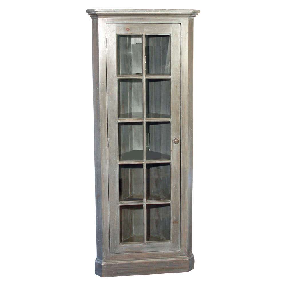 French Country Glass Door Corner Cupboard stained Storm Gray