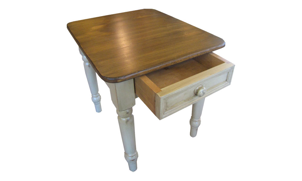 French Country Turned Leg End Table, Open Drawer