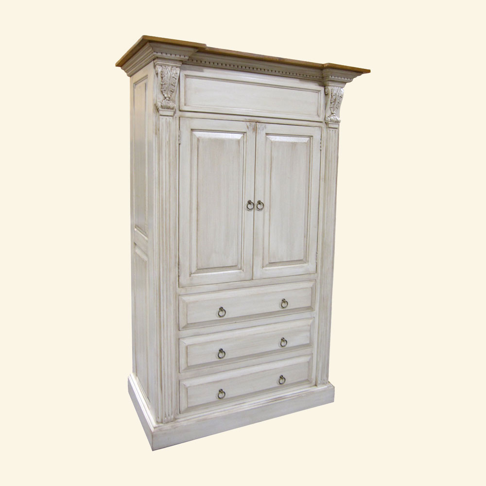 Custom provincial bedroom armoire in white paint with glaze