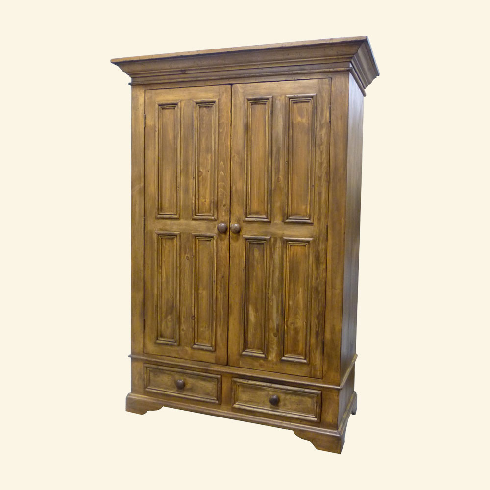 Custom wardrobe bedroom armoire in caramel stain aged finish