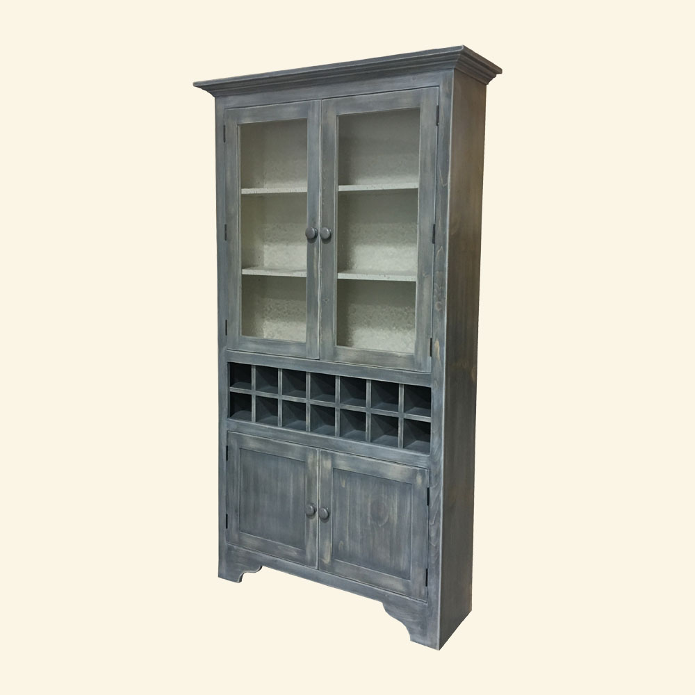 Custom wine hutch with glass doors and gray paint