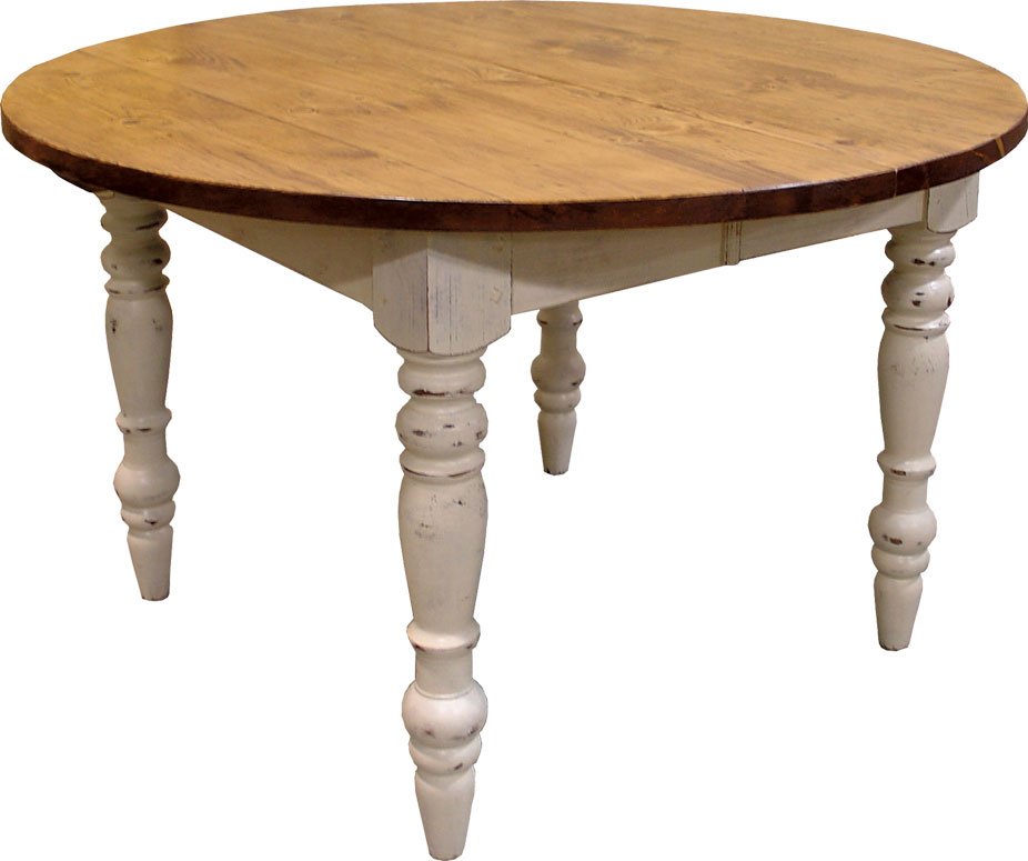 French Country 48 inch Round Table, Stained Pine Top, Painted White