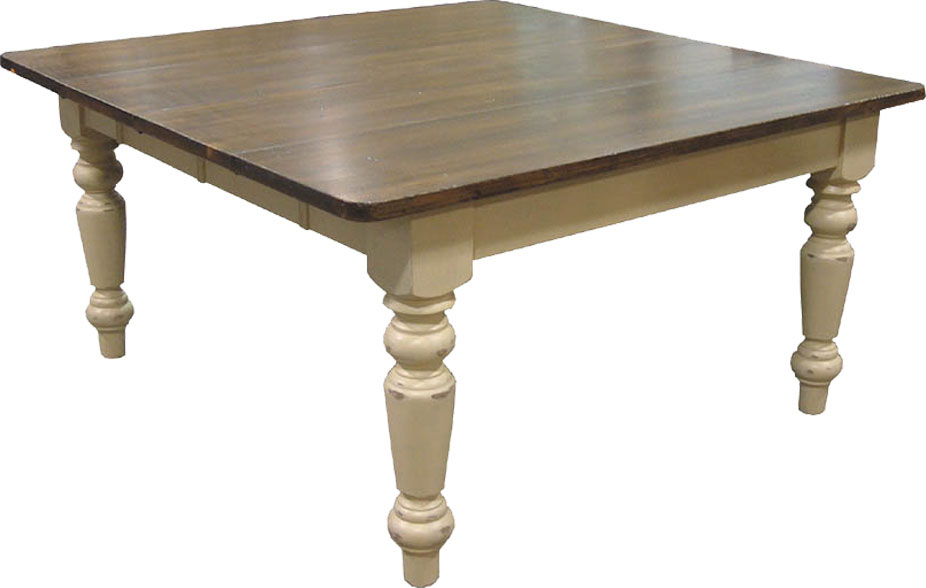 French Country 60 inch Square Table, Aged Finish Top, Painted Buttermilk