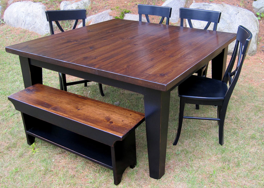 French Country 60 inch Square Table, Aged Finish Top, 5 inch Tapered Leg, Painted Black