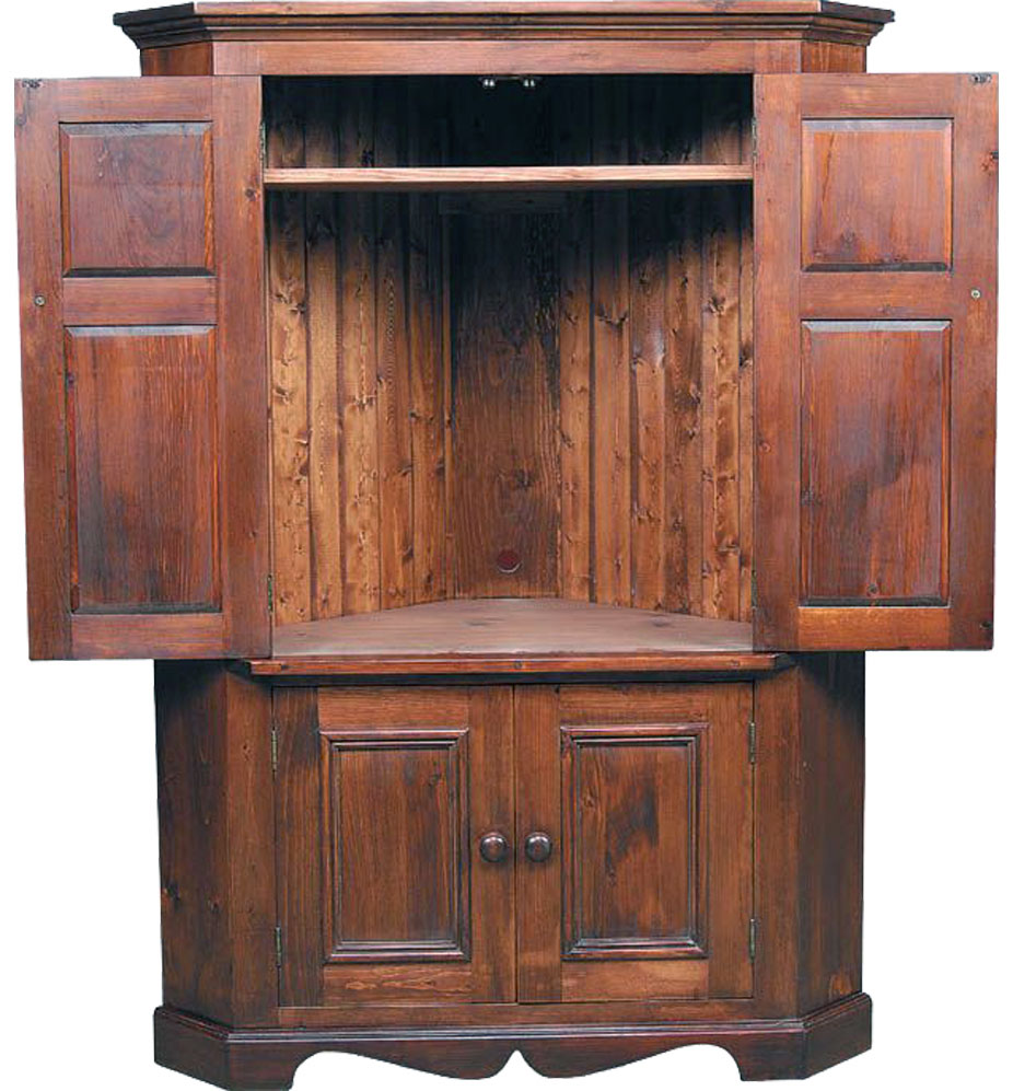 French Country Corner TV Armoire, Open Doors, stained