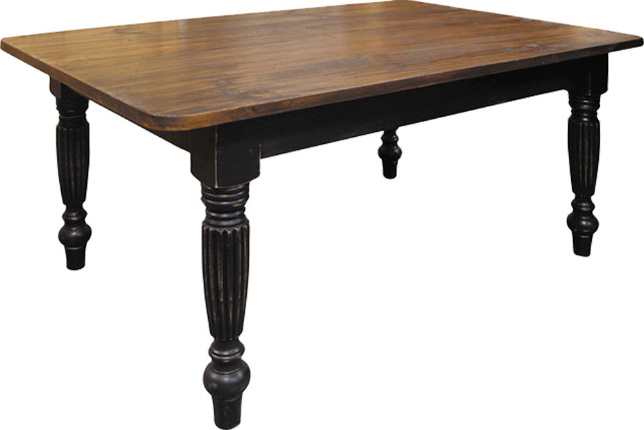 French Country Fluted Leg Table, Stained Top, Painted Black