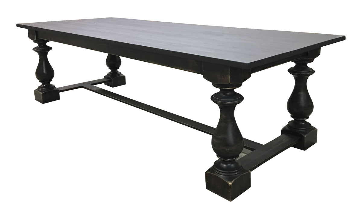 French Country Turned Leg Trestle Table, stained ebony
