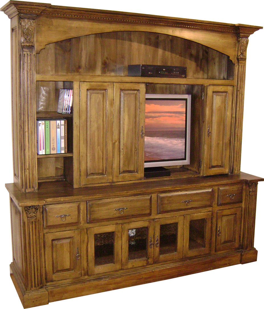French Country Provincial TV Armoire, bifold doors, stained