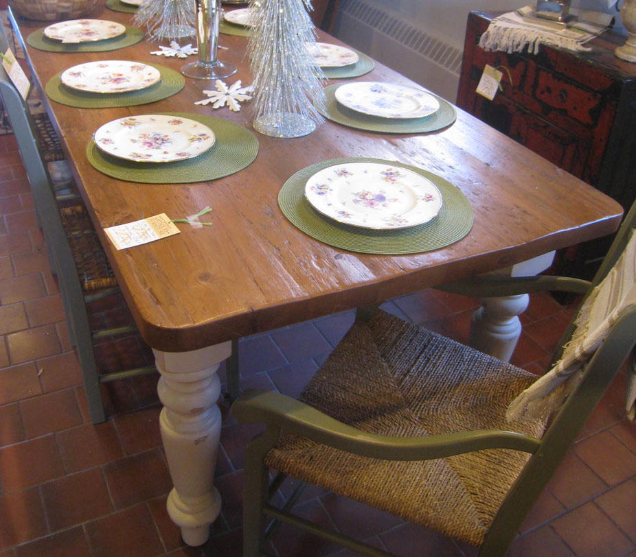 French Country Farm Table, Old Wood top, 5 inch Turned Leg, Painted